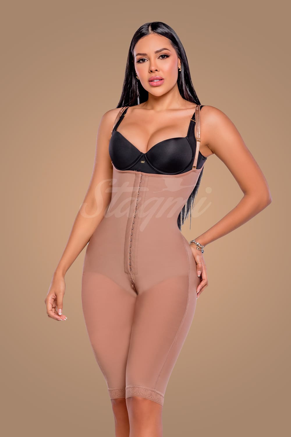 fajas colombiana larga stagmi con broches cocoa, especial para moldeal abdomen y piernas