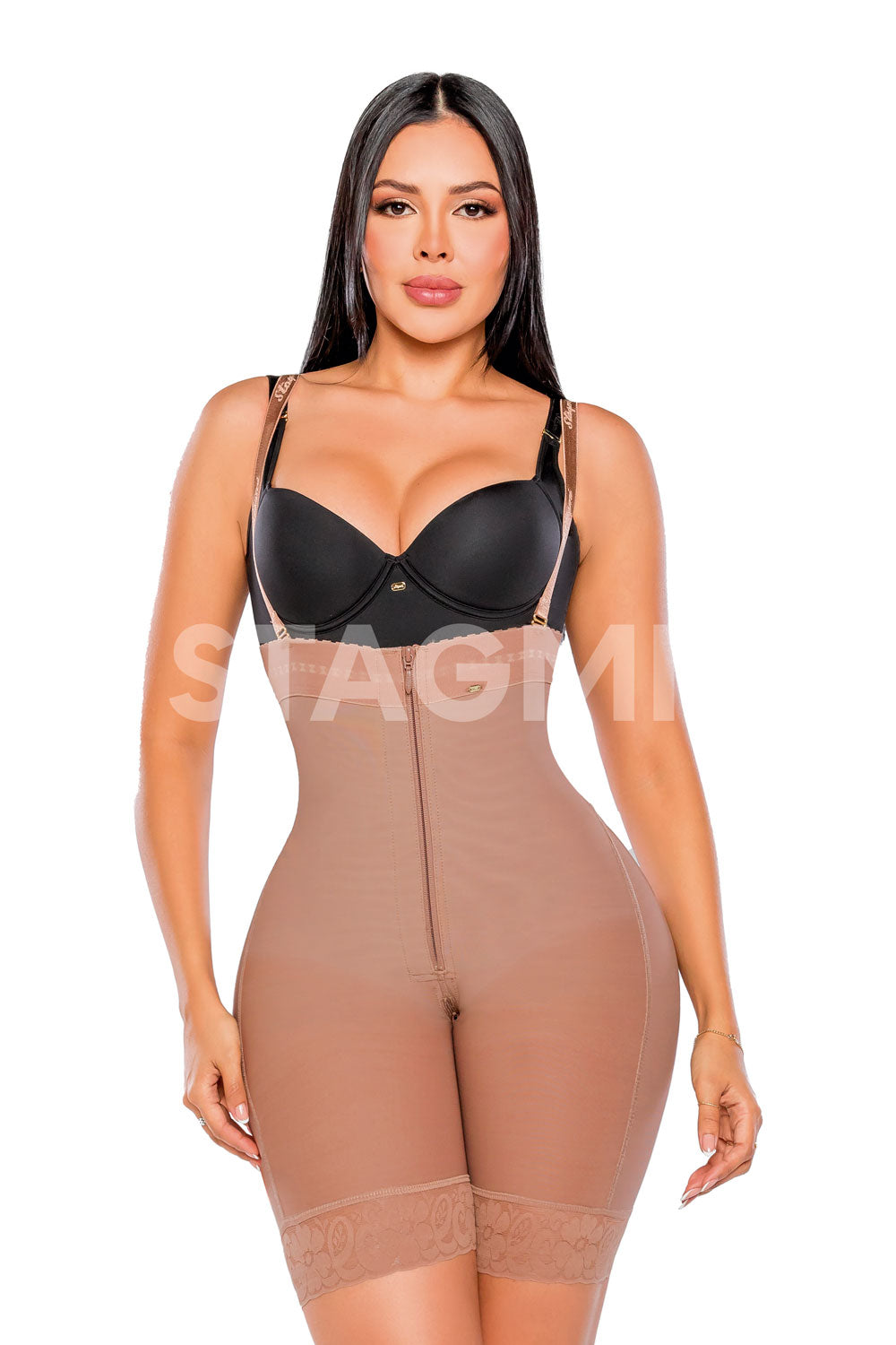 Faja strapless a media pierna con tirantes removibles, zipper en el abdomen y cierre perineal amplio. Ofrece alta presión y contiene vitamina E. color cocoa